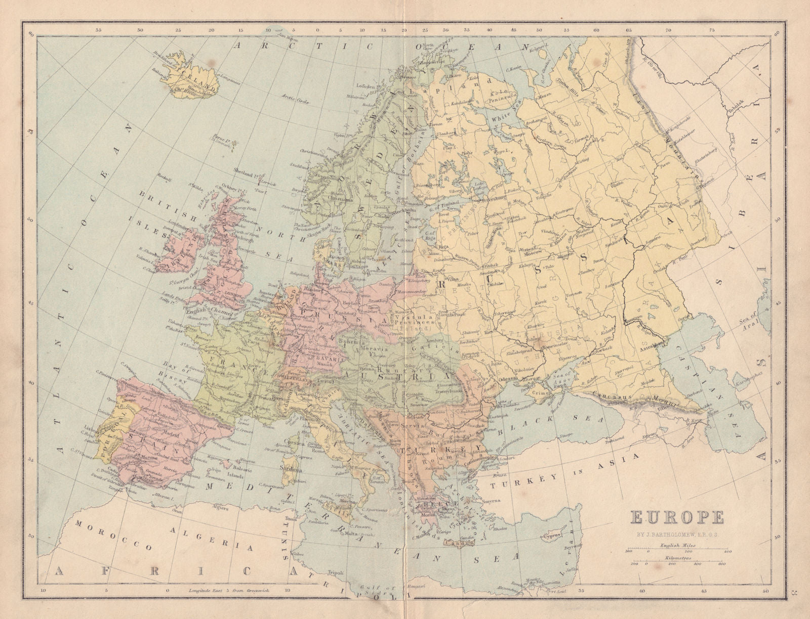 EUROPE Political. United Germany marked as Prussia. COLLINS 1873 old map